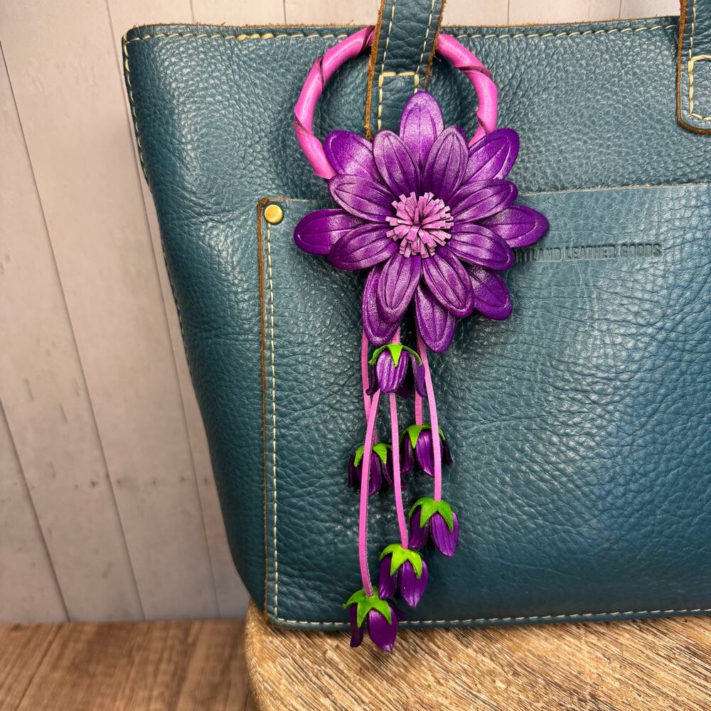 Genuine Leather Flower Purse Charm Purple Daisy Flower Leather Bag Charm NEW!